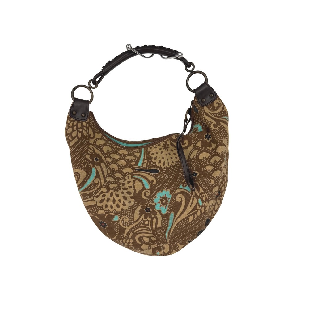 Vtg 2006 GAP Hobo Bag Brown Teal Floral Print Canvas Leather Trim Shoulder Bag
